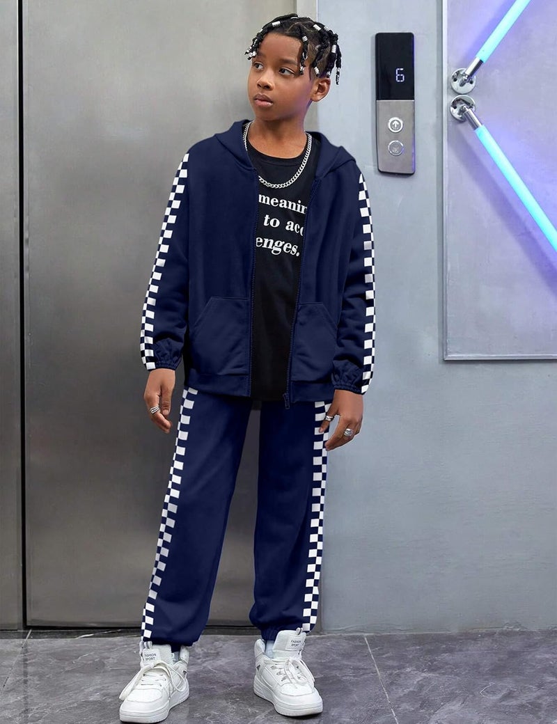 Doumlop Store Unisex Boys Girls Clothes Plaid 2 Piece Outfits Athletic Tracksuit Hooded Sweatshirt and Sweatpants Kids Sweatsuits - Image 2